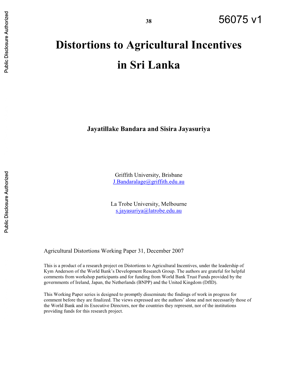 Distortions to Agricultural Incentives in Sri Lanka