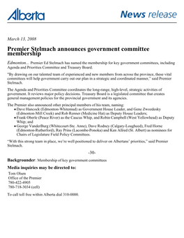 Premier Stelmach Announces Government Committee Membership