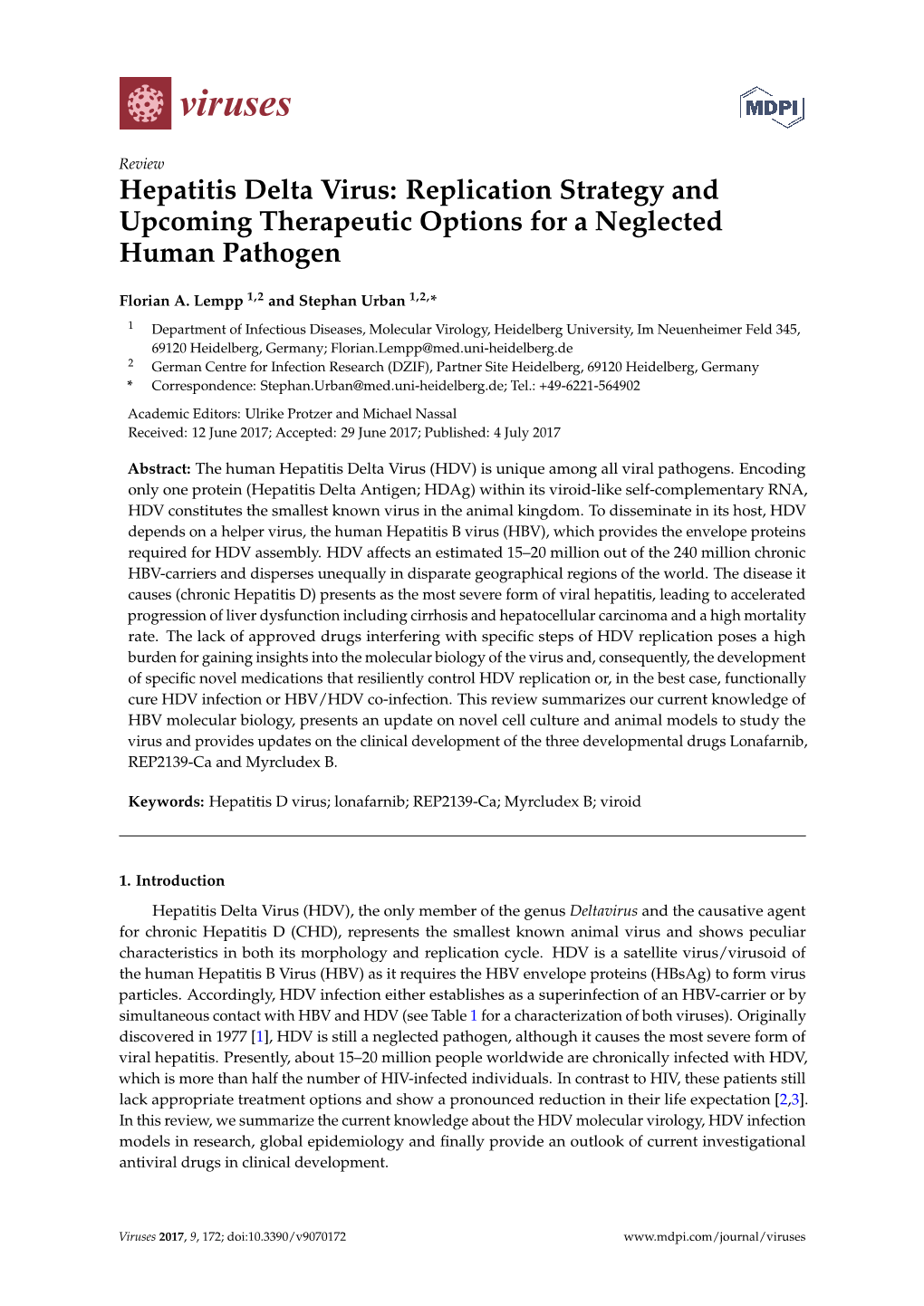 Hepatitis Delta Virus: Replication Strategy and Upcoming Therapeutic Options for a Neglected Human Pathogen