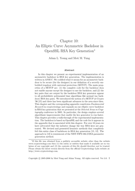 Chapter 10: an Elliptic Curve Asymmetric Backdoor in Openssl RSA Key Generation∗