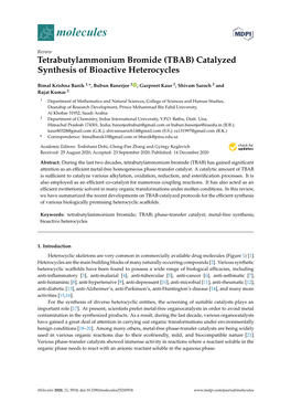Tetrabutylammonium Bromide (TBAB) Catalyzed Synthesis of Bioactive Heterocycles