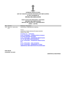 Supreme Court of India List of Curative & Review Petitions (By Circulation) in the Chambers of Hon'ble the Chief Justice