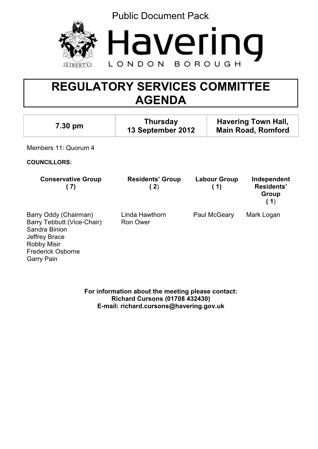 Regulatory Services Committee Agenda