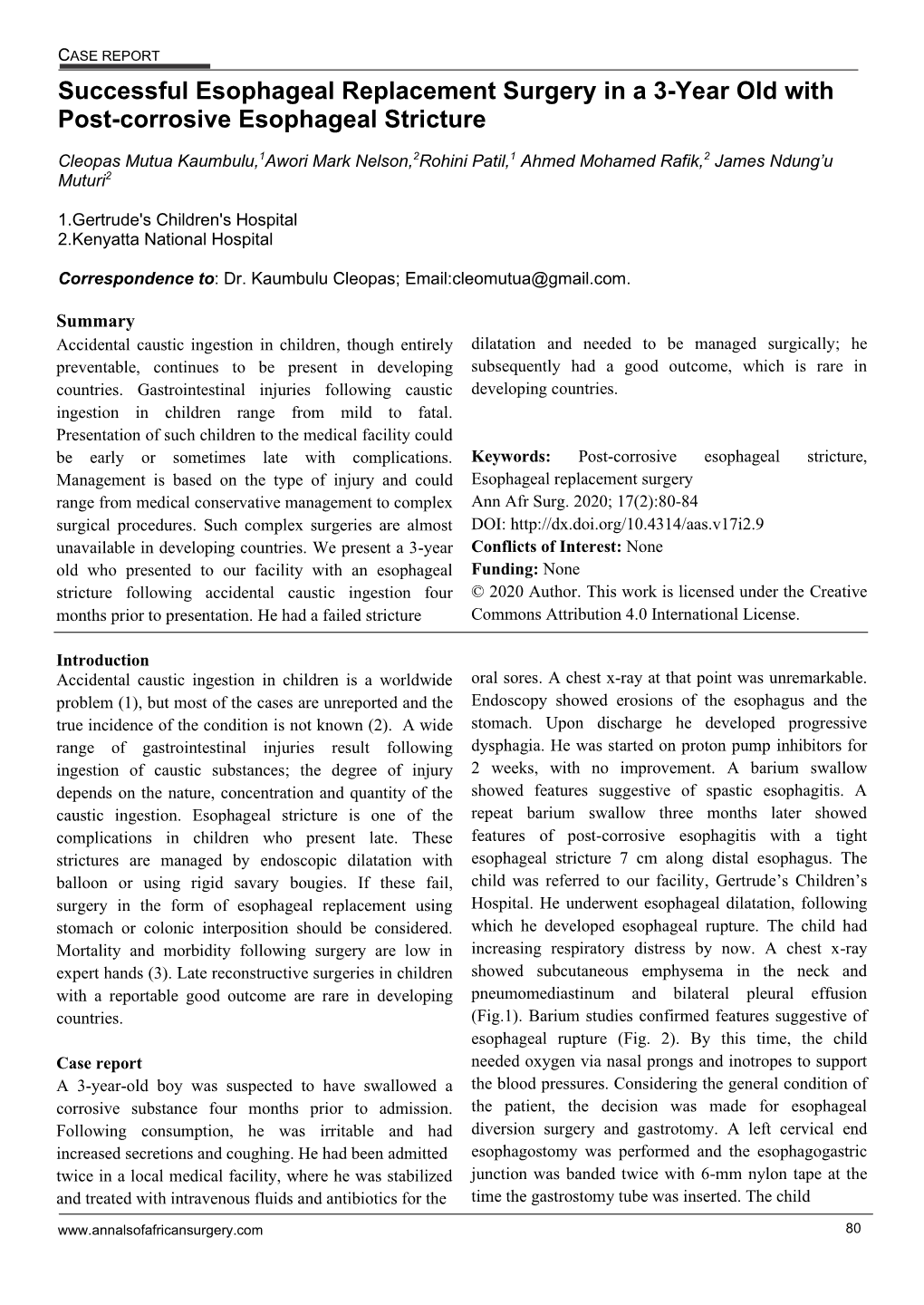 Successful Esophageal Replacement Surgery in a 3-Year Old with Post-Corrosive Esophageal Stricture