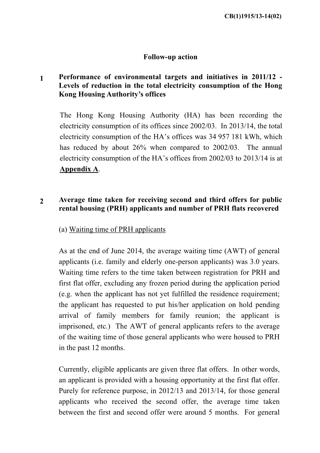 Follow-Up Action 1 Performance of Environmental Targets And