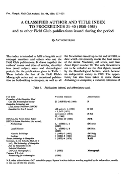 A CLASSIFIED AUTHOR and TITLE INDEX to PROCEEDINGS 21-40 (1958-1984) and to Other Field Club Publications Issued During the Period