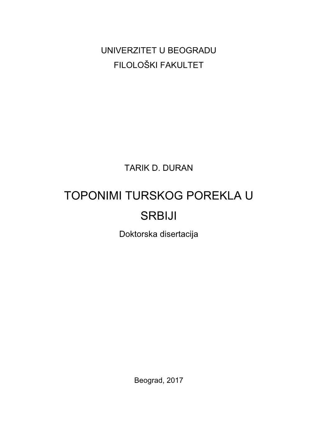 TOPONIMI TURSKOG POREKLA U SRBIJI Doktorska Disertacija
