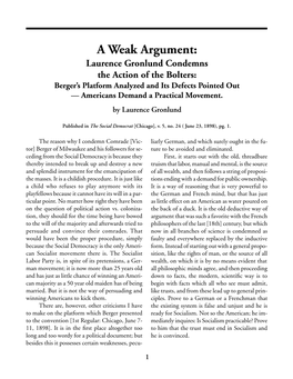 A Weak Argument: Laurence Gronlund Condemns the Action of the Bolters: Berger’S Platform Analyzed and Its Defects Pointed out — Americans Demand a Practical Movement