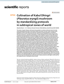 Cultivation of Kabul Dhingri (Pleurotus Eryngii) Mushroom by Standardizing Protocols in Subtropical Zones of World Akansha Deora*, S
