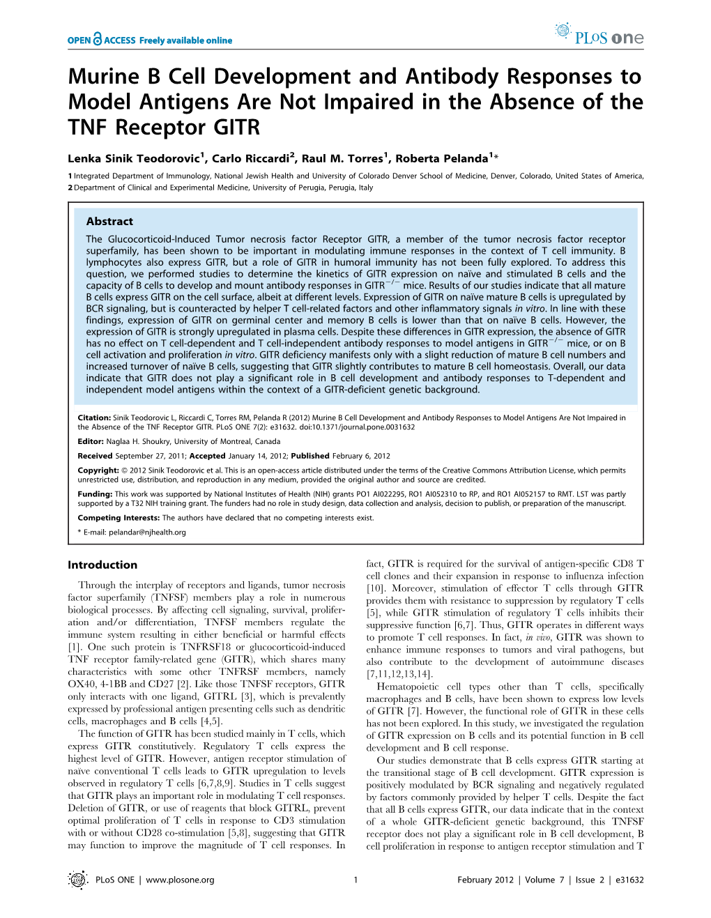 Murine B Cell Development and Antibody Responses to Model Antigens Are Not Impaired in the Absence of the TNF Receptor GITR