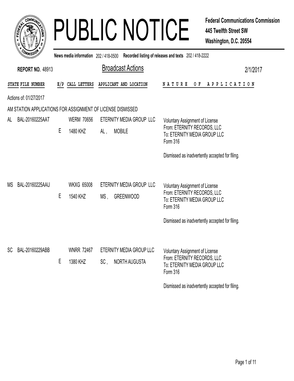 Broadcast Actions 2/1/2017