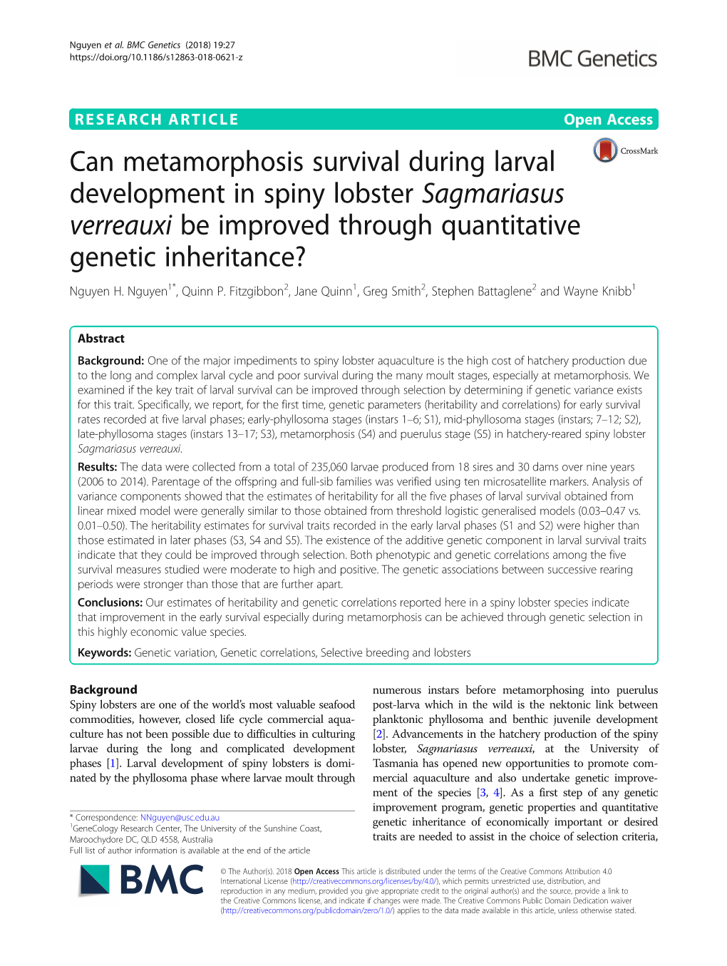Can Metamorphosis Survival During Larval Development in Spiny Lobster Sagmariasus Verreauxi Be Improved Through Quantitative Genetic Inheritance? Nguyen H