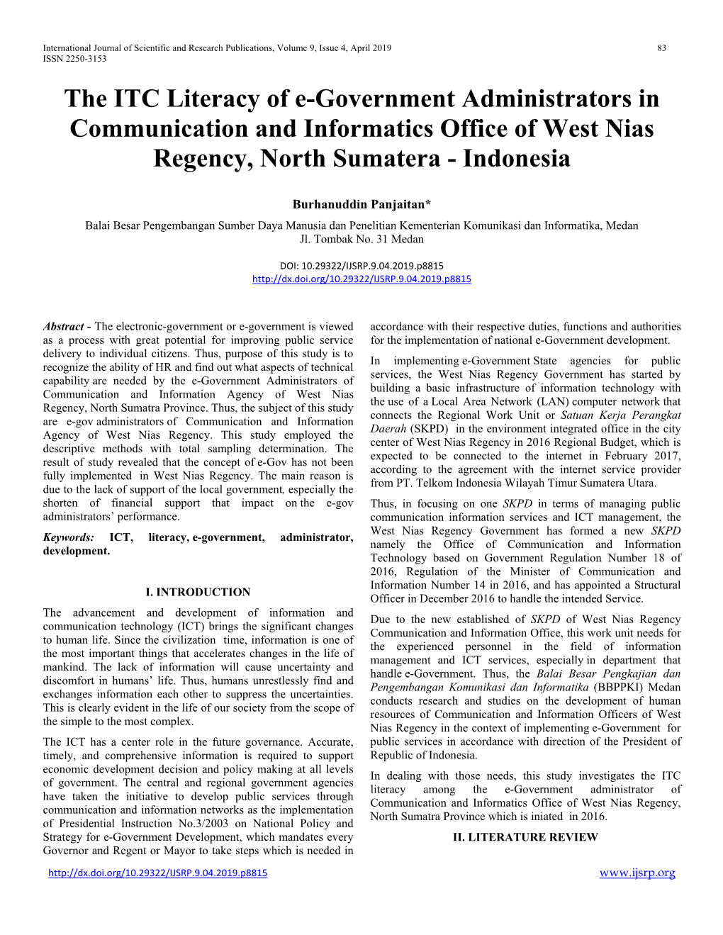 The ITC Literacy of E-Government Administrators in Communication and Informatics Office of West Nias Regency, North Sumatera - Indonesia