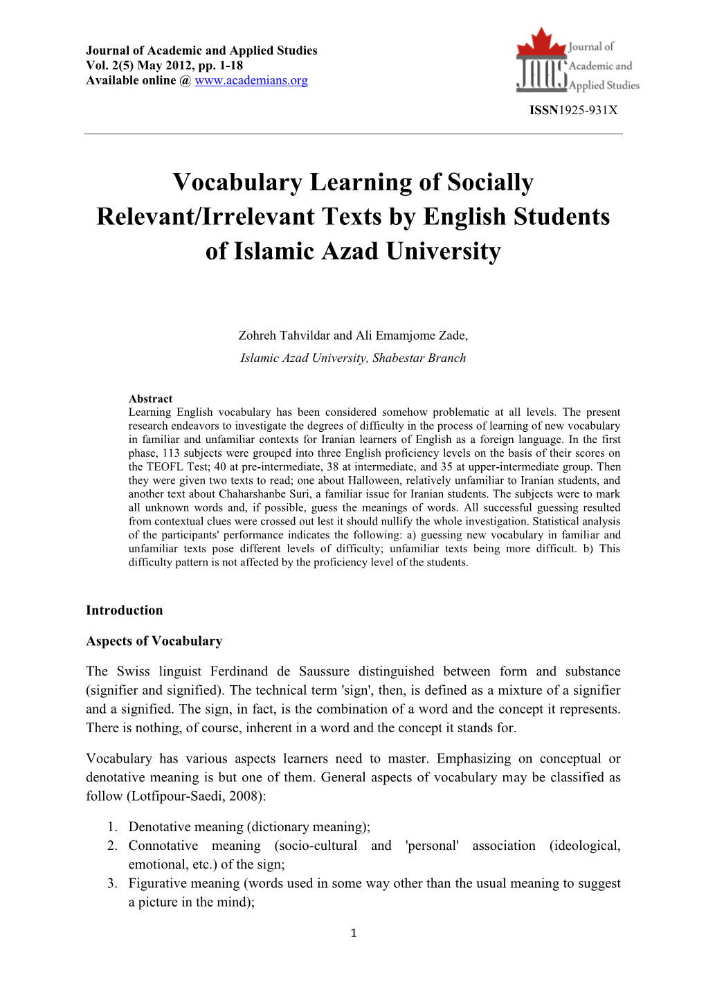 Vocabulary Learning of Socially Relevant/Irrelevant Texts by English Students of Islamic Azad University