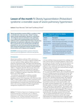 Lesson of the Month 1: Obesity Hypoventilation (Pickwickian) Syndrome: a Reversible Cause of Severe Pulmonary Hypertension