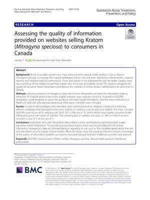 Assessing the Quality of Information Provided on Websites Selling Kratom (Mitragyna Speciosa) to Consumers in Canada Jeremy Y