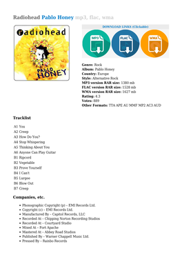 Radiohead Pablo Honey Mp3, Flac, Wma