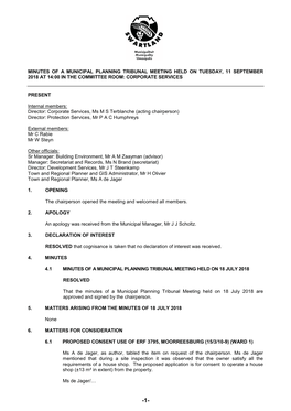 Minutes of a Municipal Planning Tribunal Meeting Held on Tuesday, 11 September 2018 at 14:00 in the Committee Room: Corporate Services