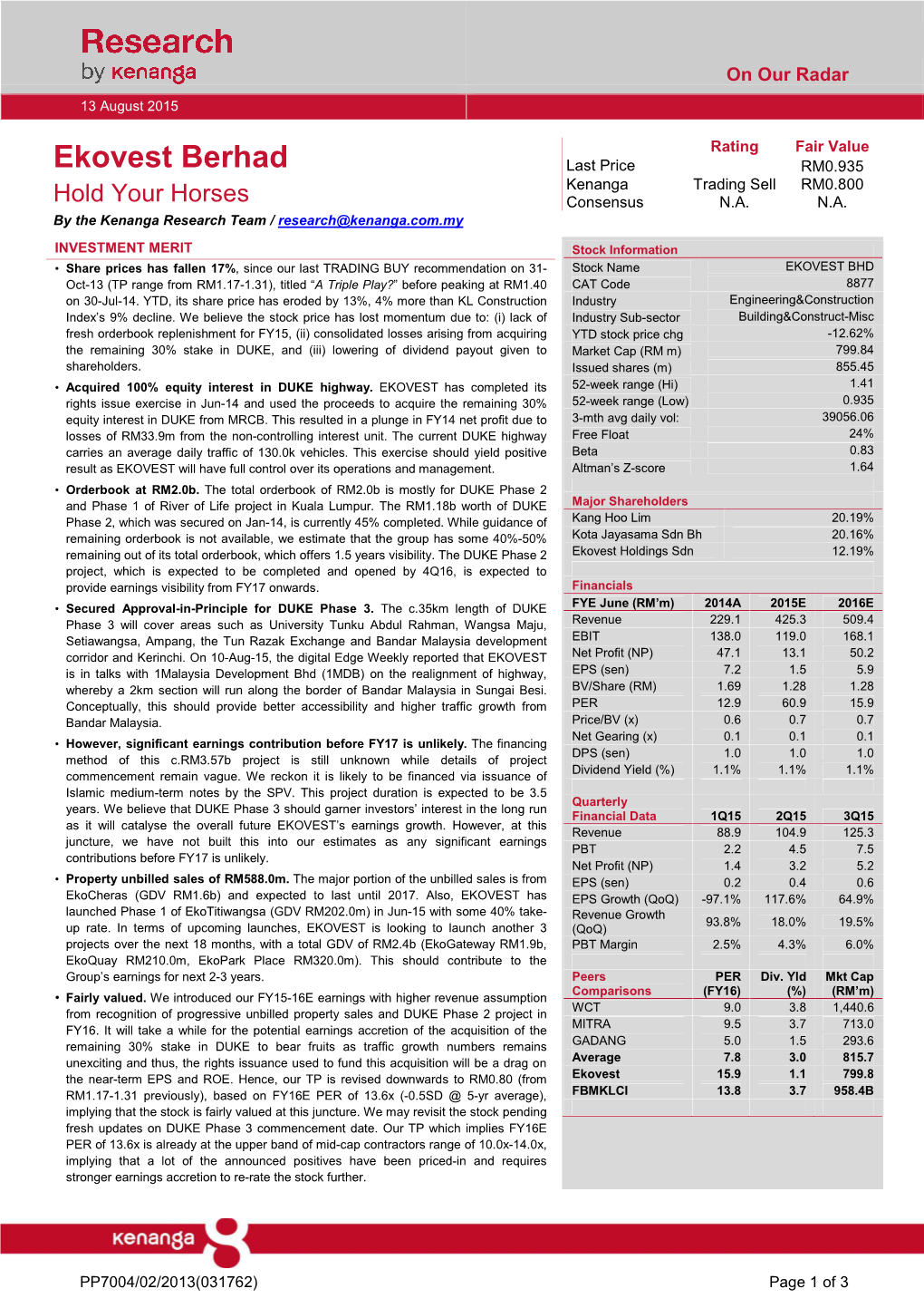 Ekovest Berhad Last Price RM0.935 Kenanga Trading Sell RM0.800 Hold Your Horses Consensus N.A