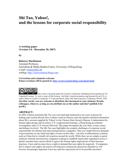 Shi Tao, Yahoo!, and the Lessons for Corporate Social Responsibility