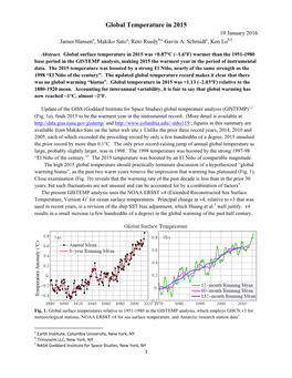 Global Temperature in 2015 19 January 2016 James Hansena, Makiko Satoa, Reto Ruedyb,C Gavin A
