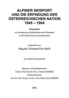 Alpiner Skisport Und Die Erfindung Der Österreichischen Nation 1945 – 1964