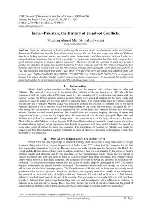 India –Pakistan; the History of Unsolved Conflicts