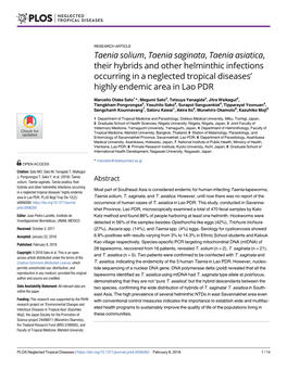 Taenia Saginata, Taenia Asiatica, Their Hybrids and Other Helminthic Infections Occurring in a Neglected Tropical Diseases’ Highly Endemic Area in Lao PDR
