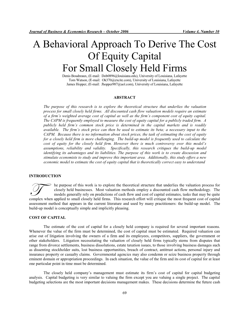A New Framework to Derive the Cost of Equity Capital