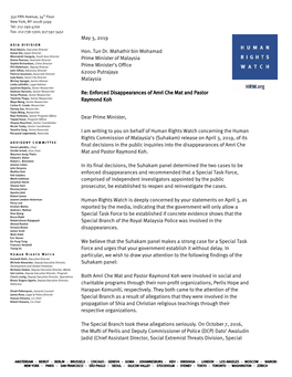 Human Rights Watch Letter to Hon. Tun Dr. Mahathir Bin Mohamad