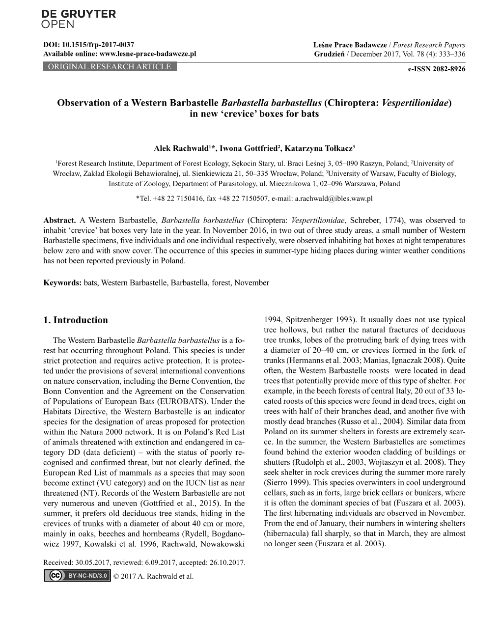 Observation of a Western Barbastelle Barbastella Barbastellus (Chiroptera: Vespertilionidae) in New ‘Crevice’ Boxes for Bats