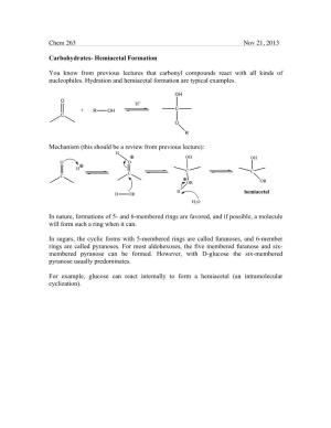 Hemiacetal Formation You Know from Previous Lectures That Carbonyl