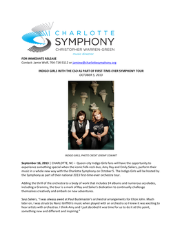 FOR IMMEDIATE RELEASE Contact: Jamie Wolf, 704-714-5112 Or Jamiew@Charlottesymphony.Org