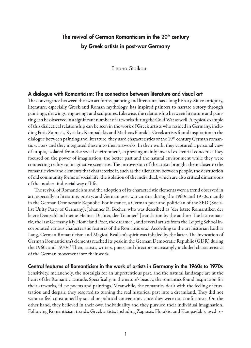 The Revival of German Romanticism in the 20Th Century by Greek Artists in Post-War Germany