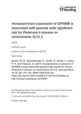 Increased Brain Expression of GPNMB Is Associated with Genome Wide Significant Risk for Parkinson's Disease on Chromosome 7P15.3