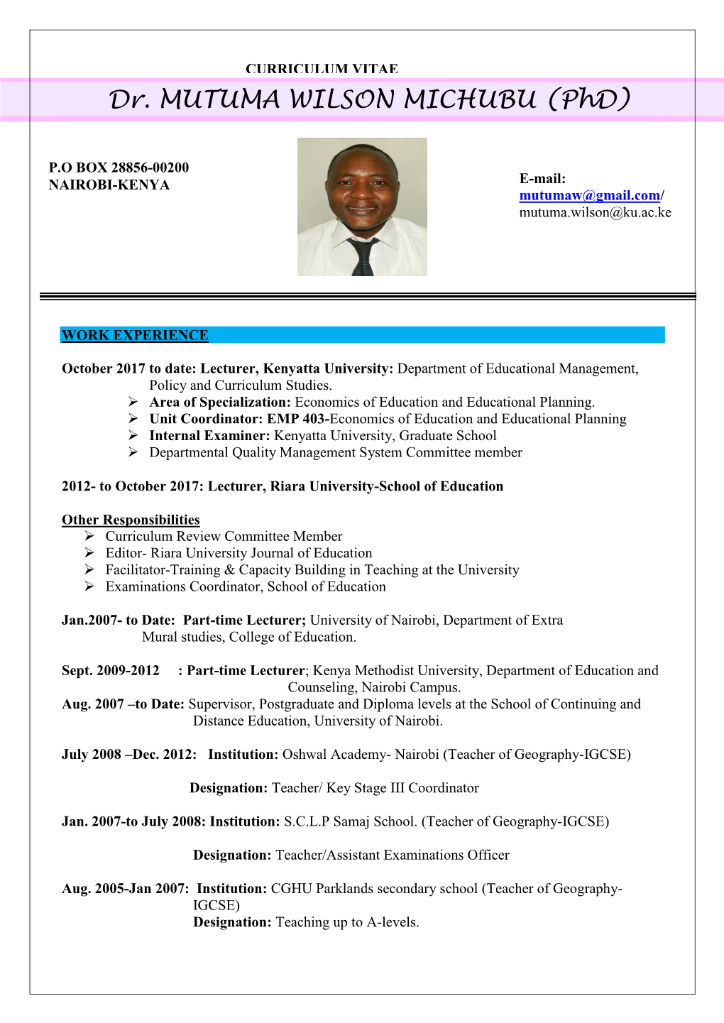 Dr. MUTUMA WILSON MICHUBU (Phd)