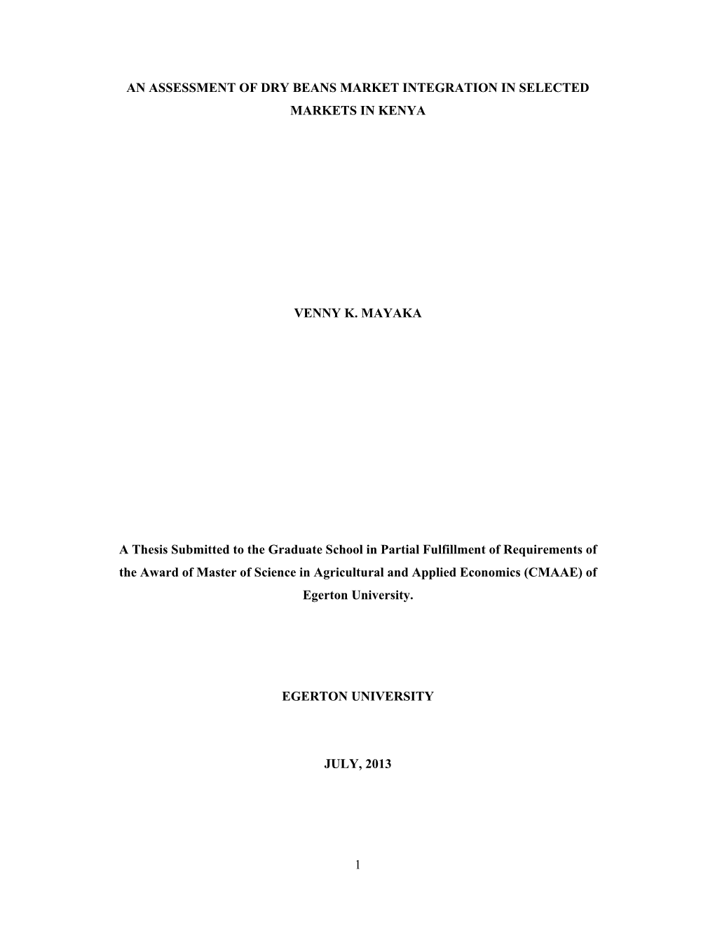 1 an Assessment of Dry Beans Market Integration In