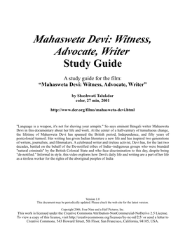 Mahasweta Devi: Witness, Advocate, Writer Study Guide