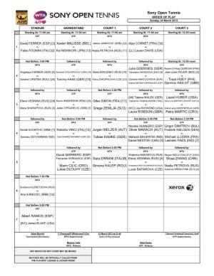 Sony Open Tennis ORDER of PLAY Sunday, 24 March 2013