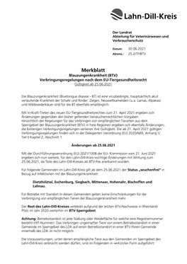 Merkblatt Blauzungenkrankheit (BTV) Verbringungsregelungen Nach Dem EU-Tiergesundheitsrecht Gültigkeit Ab 25.06.2021