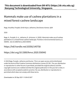 Mammals Make Use of Cashew Plantations in a Mixed Forest‑Cashew Landscape