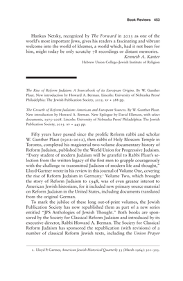 &lt;Italic&gt;The Rise of Reform Judaism: a Sourcebook of Its European Origins&lt;/Italic&gt; by W. Gunther Plaut, And: &lt;Ital