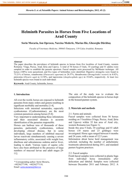 Helminth Parasites in Horses from Five Locations of Arad County