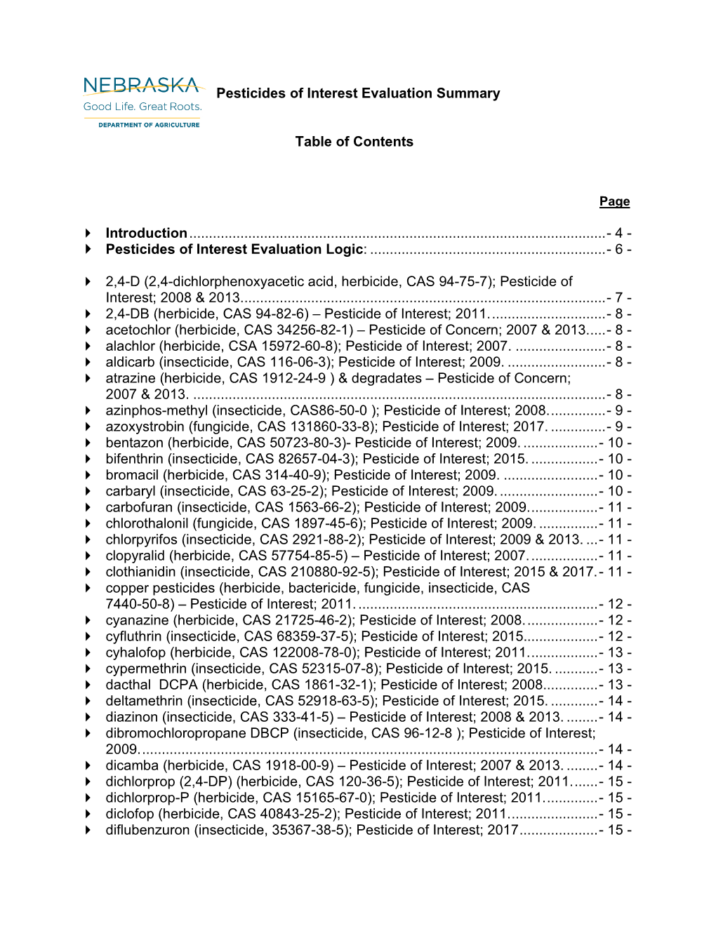 Nebraska Pesticides of Interest Evaluation Summary