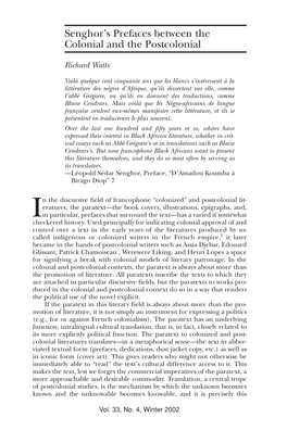 "Senghor's Prefaces Between the Colonial and Postcolonial," By