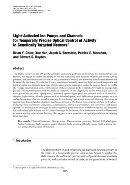 Light-Activated Ion Pumps and Channels for Temporally Precise Optical Control of Activity in Genetically Targeted Neurons1