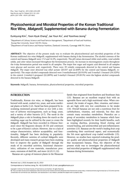 Physicochemical and Microbial Properties of the Korean Traditional Rice Wine, Makgeolli, Supplemented with Banana During Fermentation