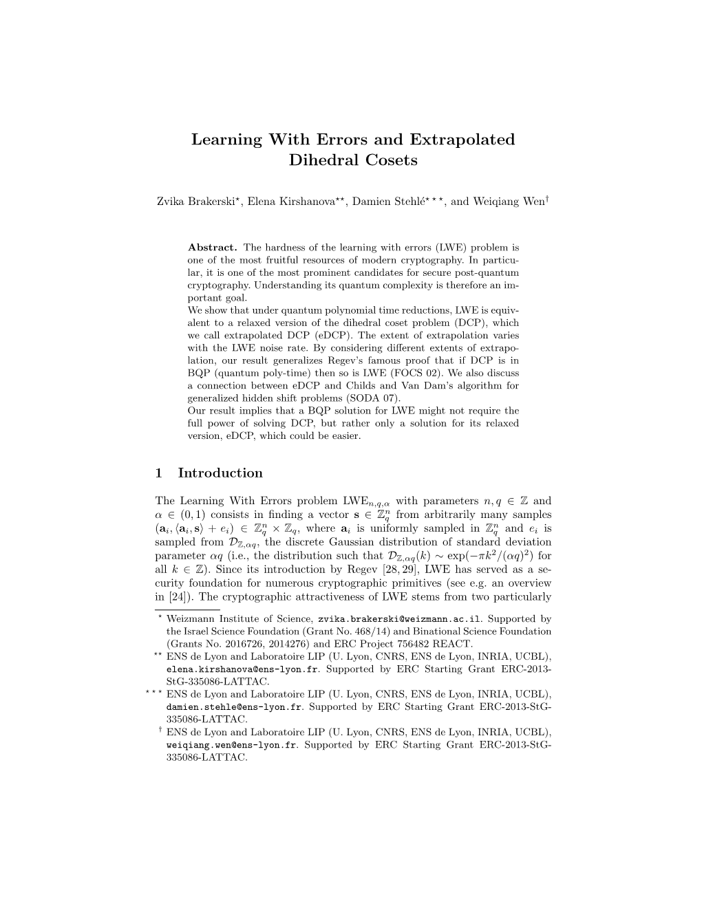 Learning with Errors and Extrapolated Dihedral Cosets