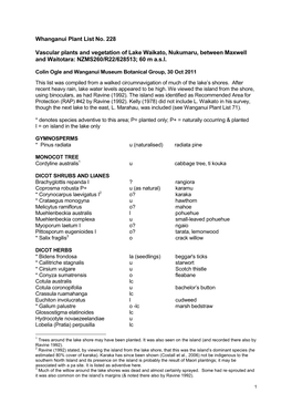 Whanganui Plant List No. 228 Vascular Plants and Vegetation of Lake Waikato, Nukumaru, Between Maxwell and Waitotara