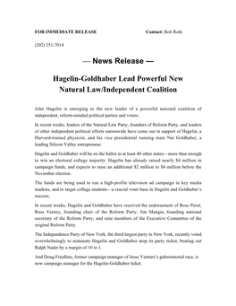 News Release — Hagelin-Goldhaber Lead Powerful New Natural Law